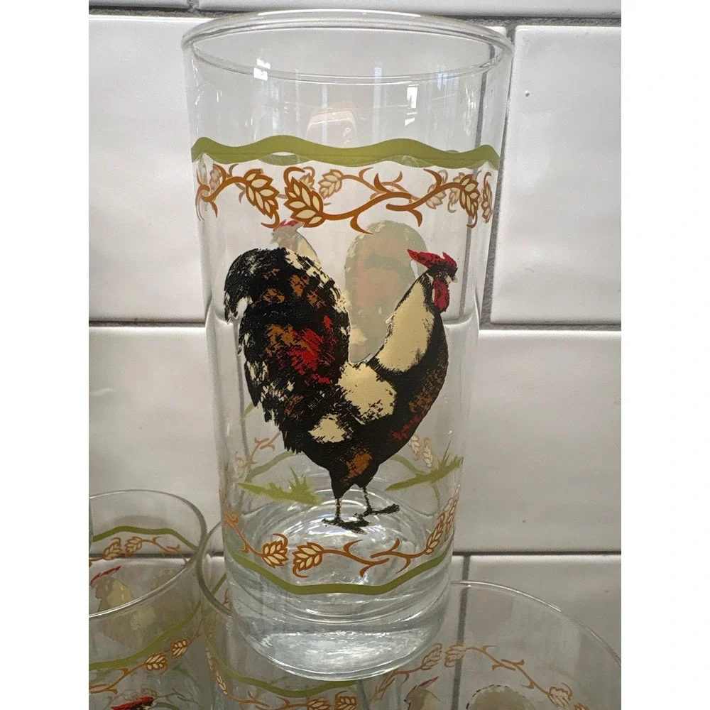 Vintage Rooster Farmhouse Juice Glasses Set of 6 Country Kitchen Tumblers